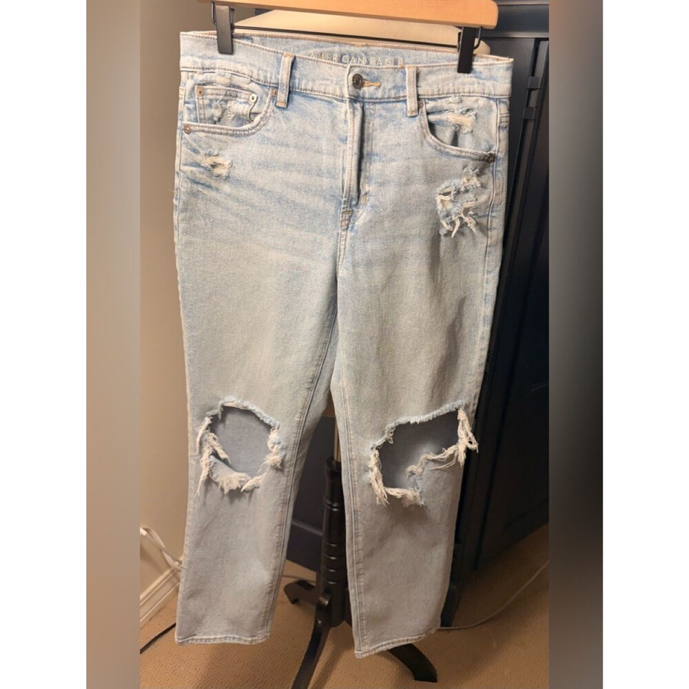 American Eagle Outfitters Light Wash Ripped Super High-rise Ankle Straight Jeans